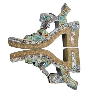 L' Artiste 38 Leather Green Floral Platform Sandals Chunky Heel Ankle Strap #368